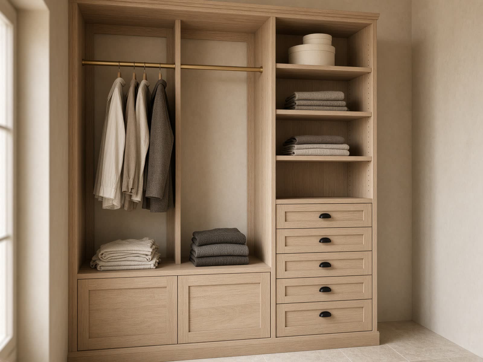 Custom white oak reach-in closet millwork